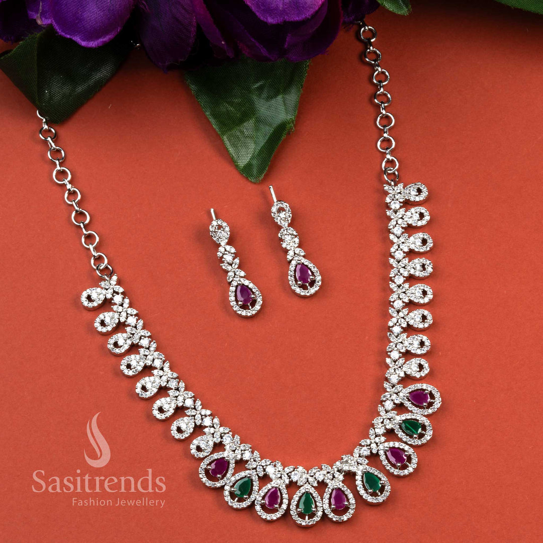 Rhodium Silver Plated Party Wear Floral Pattern Necklace Set with Ruby-Green American Diamonds - Sasitrends