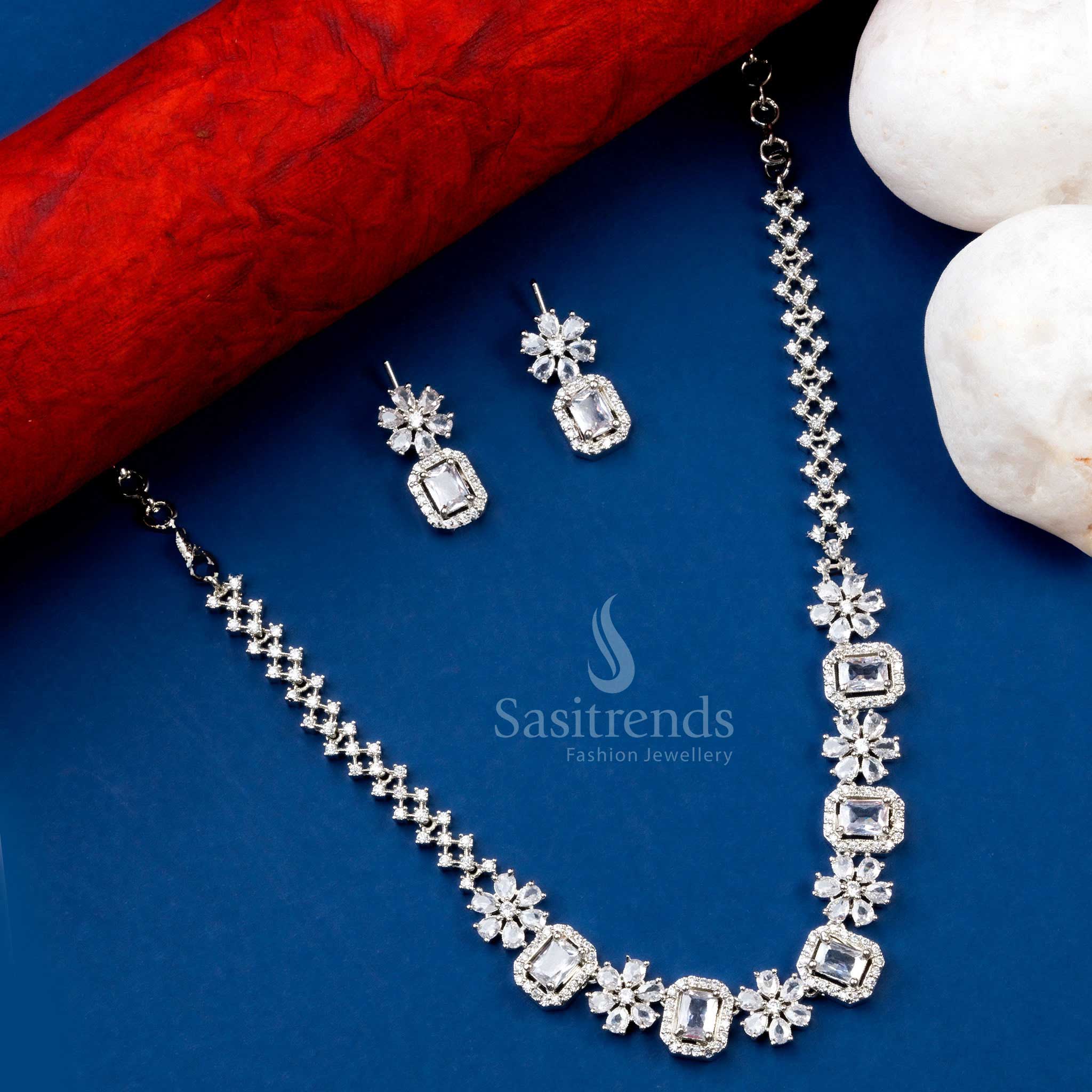 Classic White American Diamond Stone Rhodium Silver Plated Necklace Set - Versatile and Stylish - Sasitrends