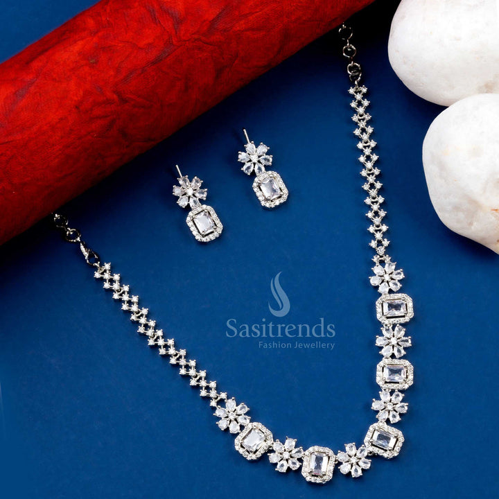 Classic White American Diamond Stone Rhodium Silver Plated Necklace Set - Versatile and Stylish - Sasitrends