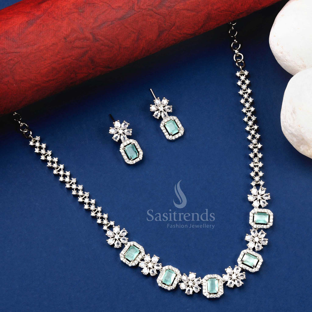 Mint-Colored AD Stone Rhodium Silver Necklace Set - Latest Trendy Party Wear Jewelry - Sasitrends