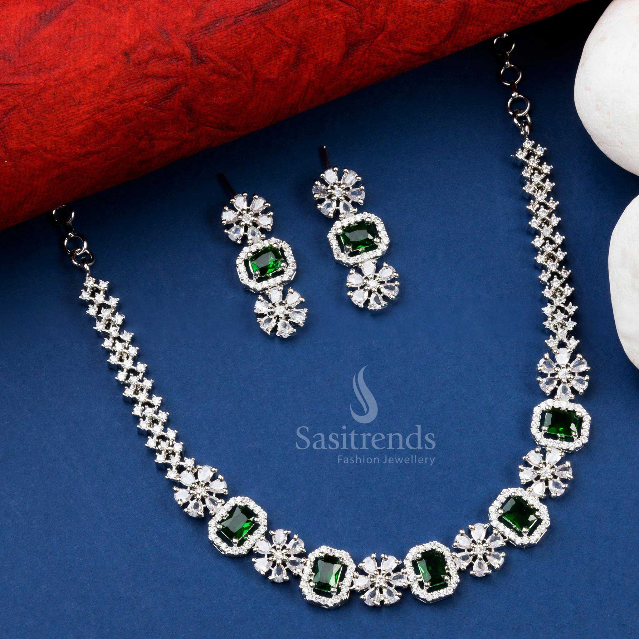 Elegant Rhodium Silver Plated Necklace Set with Green AD Stones - Elevate Your Style - Sasitrends