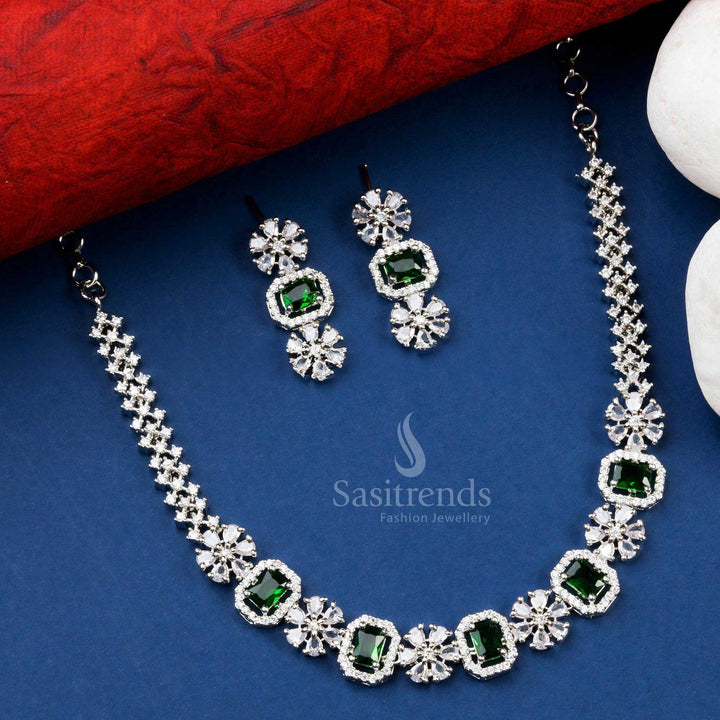 Elegant Rhodium Silver Plated Necklace Set with Green AD Stones - Elevate Your Style - Sasitrends