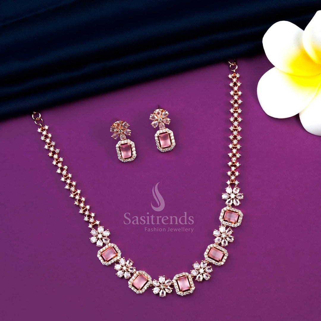 Latest Pink Stone Rose Gold Plated Necklace Set with AD Stones - Ideal for Parties and Weddings - Sasitrends