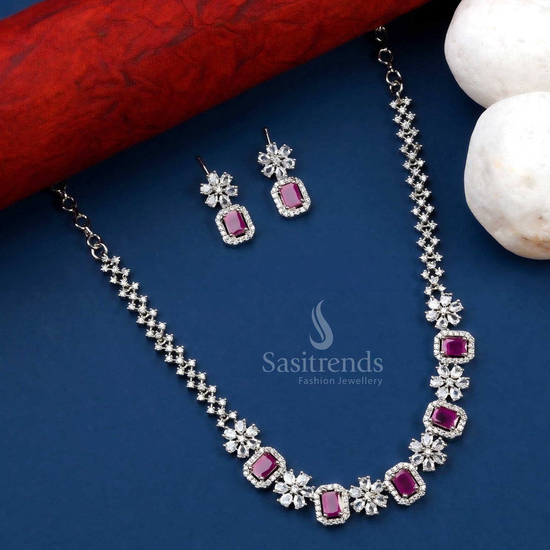 Exquisite Ruby Red Rhodium Silver Plated AD Necklace Set with Floral Motifs - Latest Trendy Jewelry - Sasitrends