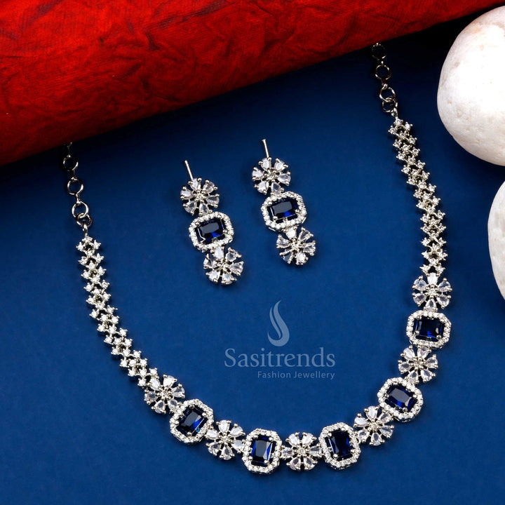 Gorgeous Blue AD Stone Rhodium Silver Plated Necklace Set - Perfect for Parties and Functions - Sasitrends