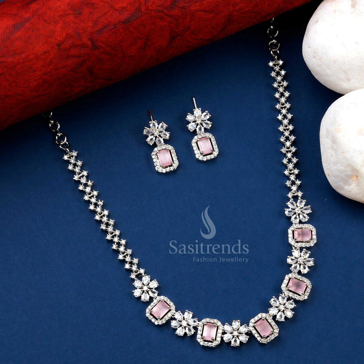 Charming Pink AD Stone Rhodium Silver Plated Necklace Set - Ideal for Parties and Weddings - Sasitrends