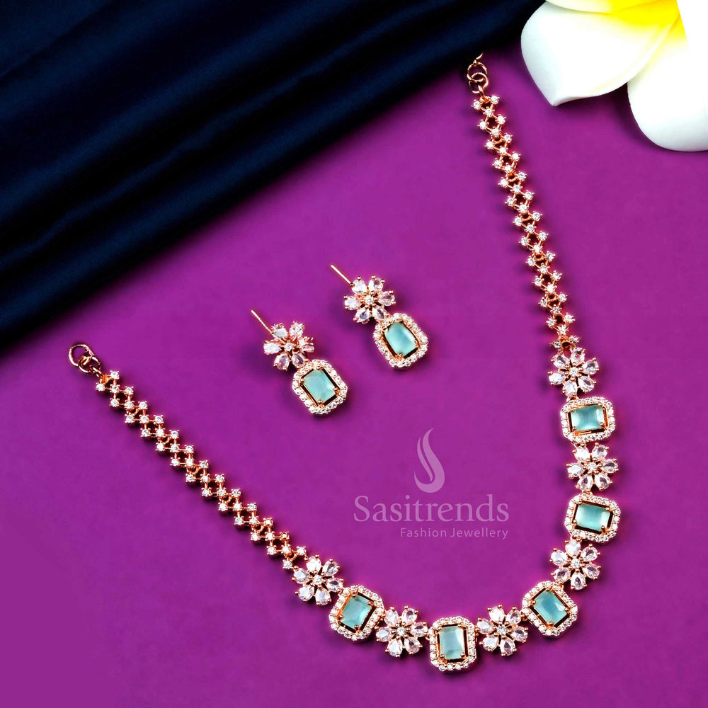 Mint-Colored Stone Rose Gold Plated Necklace Set with AD Stones - Latest Trendy Party Wear Jewelry - Sasitrends
