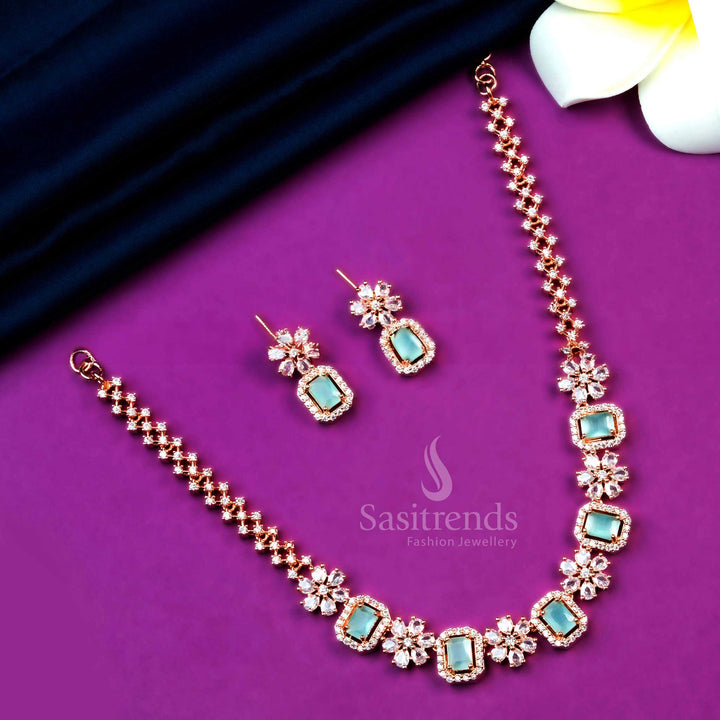 Mint-Colored Stone Rose Gold Plated Necklace Set with AD Stones - Latest Trendy Party Wear Jewelry - Sasitrends