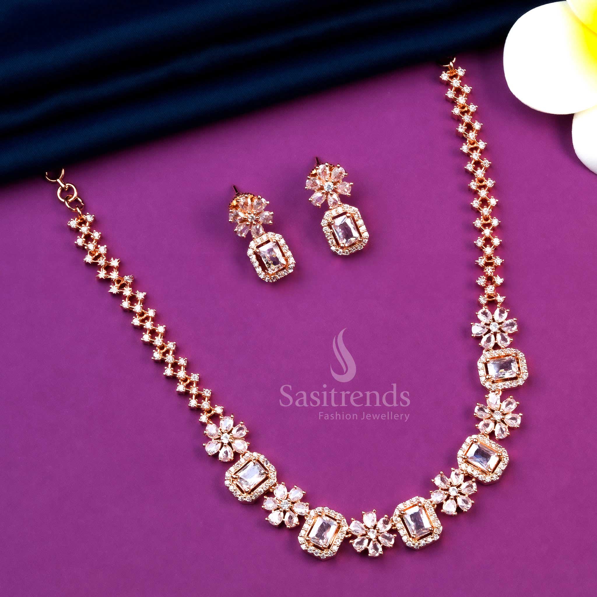 Elegant Rose Gold Plated Necklace Set with White AD Stones - Perfect for All Occasions - Sasitrends