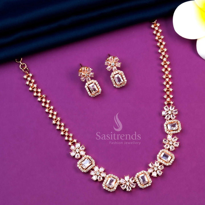 Elegant Rose Gold Plated Necklace Set with White AD Stones - Perfect for All Occasions - Sasitrends