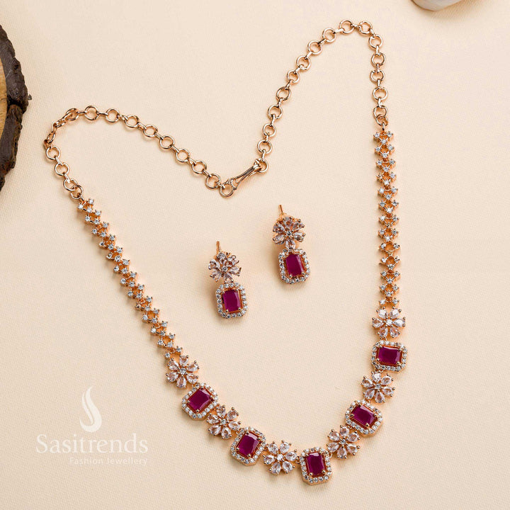Ruby AD Stone Studded Flower Pattern Necklace With Earrings Jewellery Set - Sasitrends