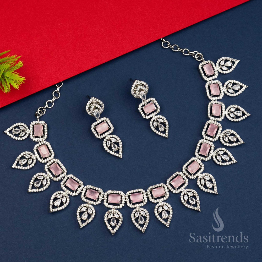 Rhodium Silver Plated Pink Stone AD Necklace Set with Floral Pattern - Elevate Your Style with This Beautiful and Unique Jewellery - Sasitrends