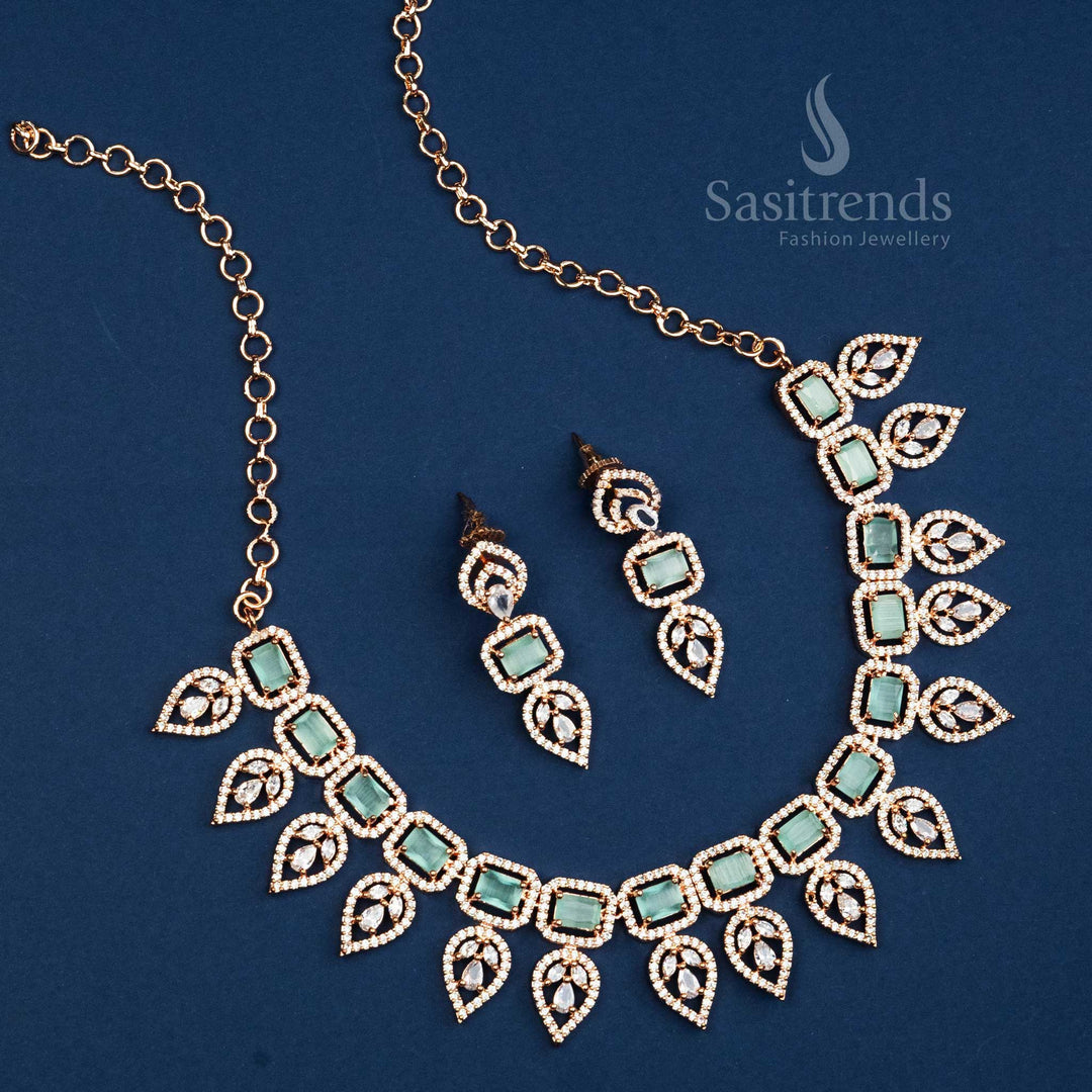 Rose Gold Plated AD Stone Necklace Set with Leaf Design - Add Glamour to Your Look with This Beautiful Mint Stone Jewellery - Sasitrends