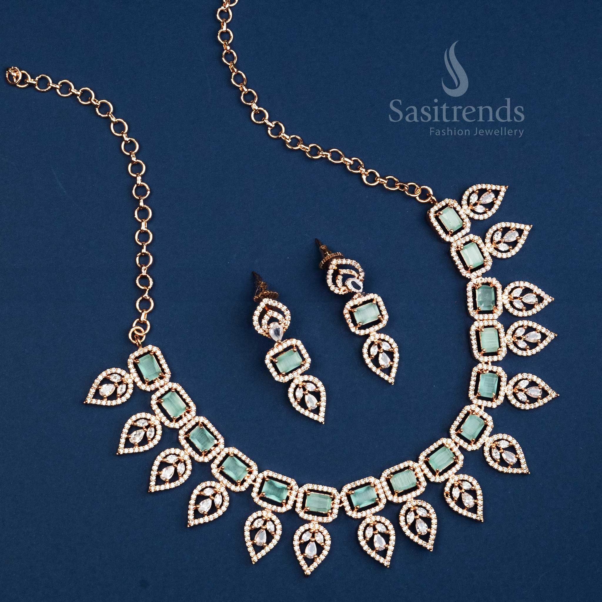 Rose Gold Plated AD Stone Necklace Set with Leaf Design - Add Glamour to Your Look with This Beautiful Mint Stone Jewellery - Sasitrends
