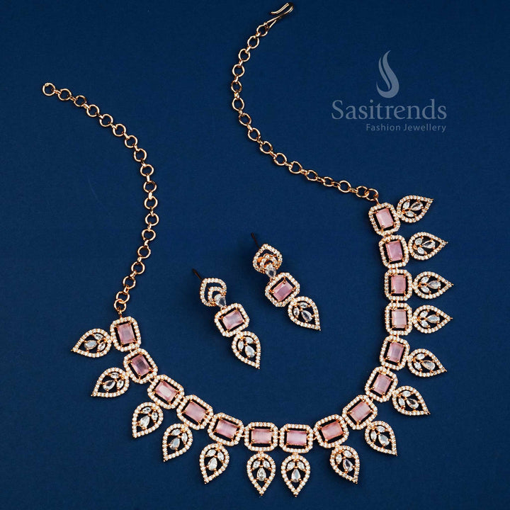 Charming Pink Stone AD Necklace Set with Leaf Motif - Rose Gold Plated, Perfect for a Soft and Elegant Look - Sasitrends