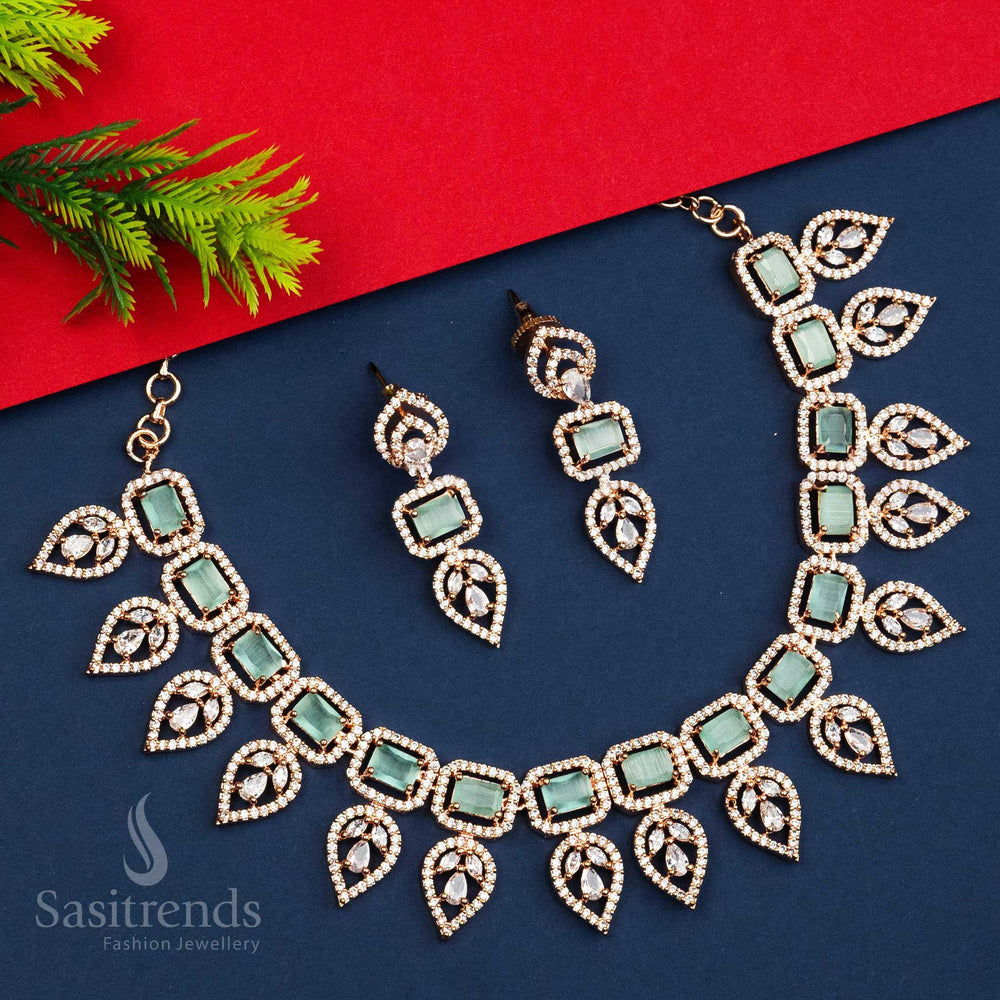 Captivating Rose Gold-Plated Leaf Pattern Necklace Set with Mint Color American Diamonds