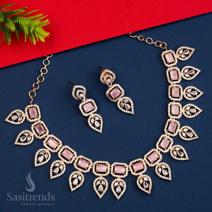 Stunning Pink AD Stone Party Necklace Set with Leaf Motif - Rose Gold Plated, Ideal for Parties and Special Occasions.