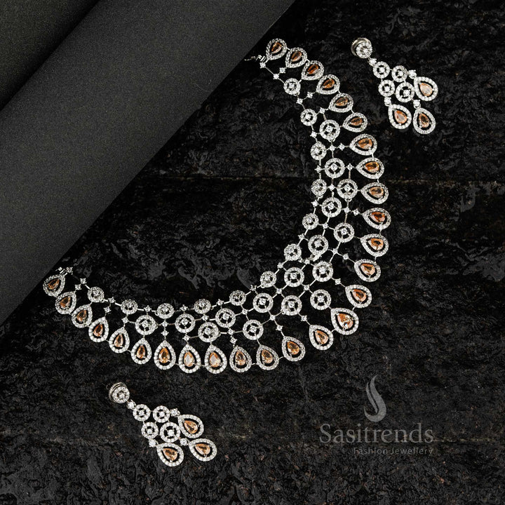 Glossy Yellow engagement choker set adorned with American diamond stones, rhodium silver-plated for bridal jewellery - Sasitrends