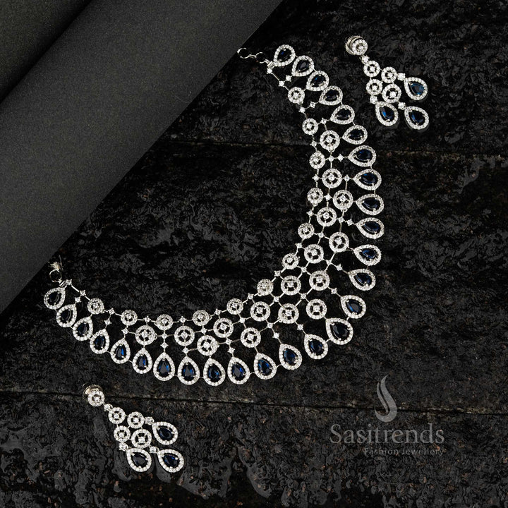 Glossy Blue wedding choker set featuring American diamond stones, rhodium silver-plated for bridal wear