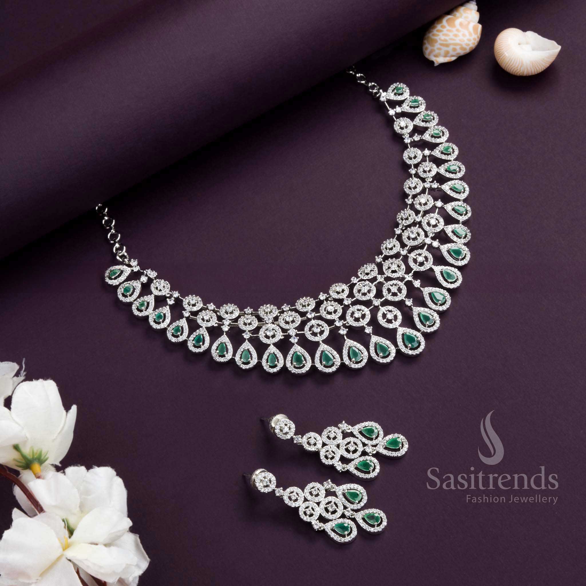 Captivating Rhodium Silver Plated Choker Necklace Set with Vivid Green American Diamond Stones