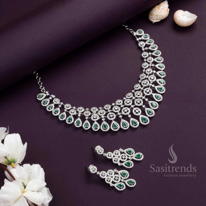 Captivating Rhodium Silver Plated Choker Necklace Set with Vivid Green American Diamond Stones