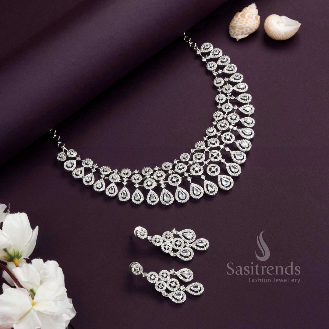 Floral Teardrop American Diamond Choker Set in Rose Gold Rhodium