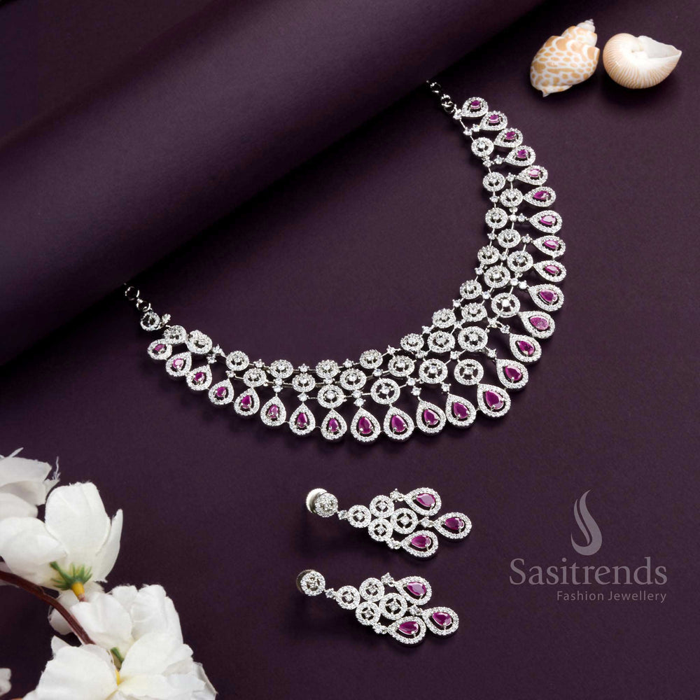 Rhodium Silver Plated Wedding Party Wear Choker Necklace Set with Rich Ruby Red American Diamond Stones - Sasitrends