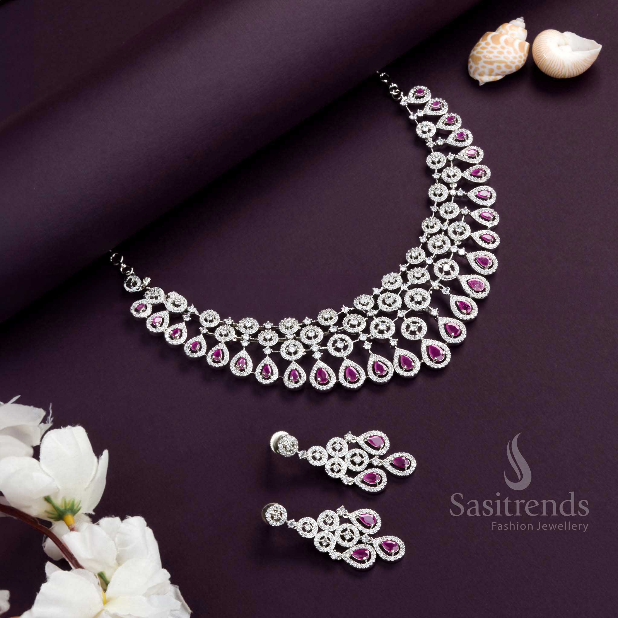 Rhodium Silver Plated Wedding Party Wear Choker Necklace Set with Rich Ruby Red American Diamond Stones - Sasitrends