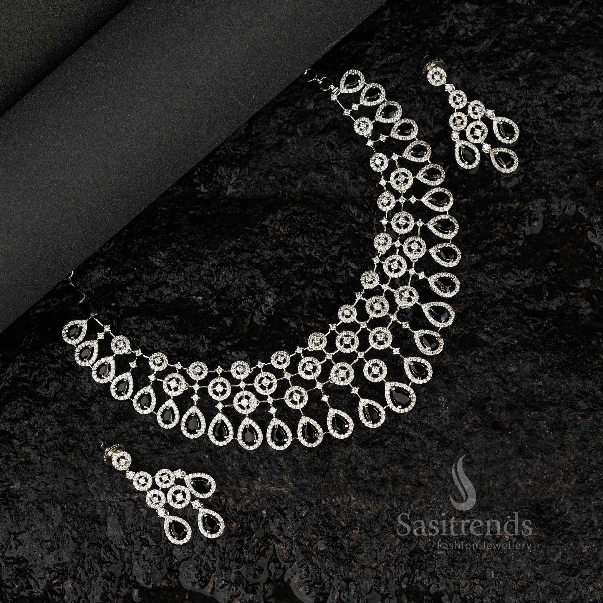 Black bridal jewellery choker set with American diamond stones, rhodium silver-plated for weddings and engagements