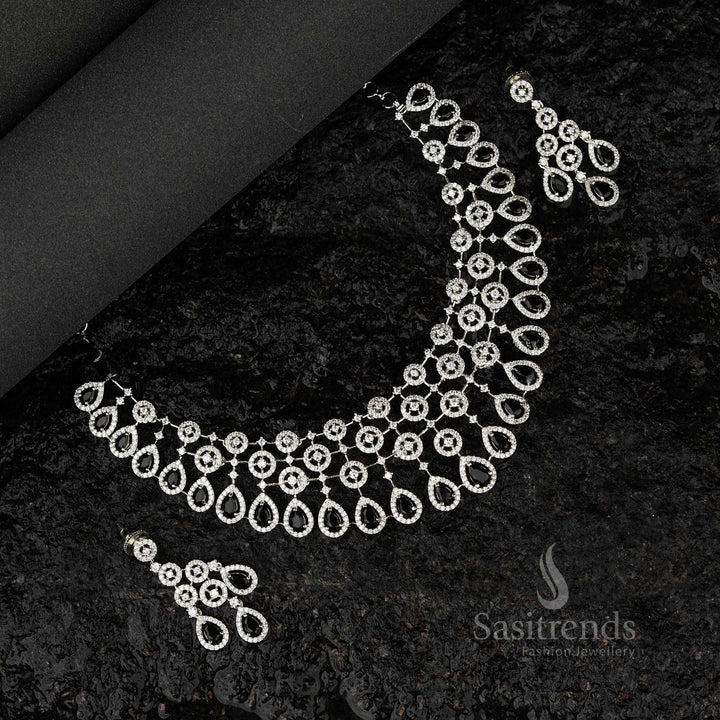 Black bridal jewellery choker set with American diamond stones, rhodium silver-plated for weddings and engagements