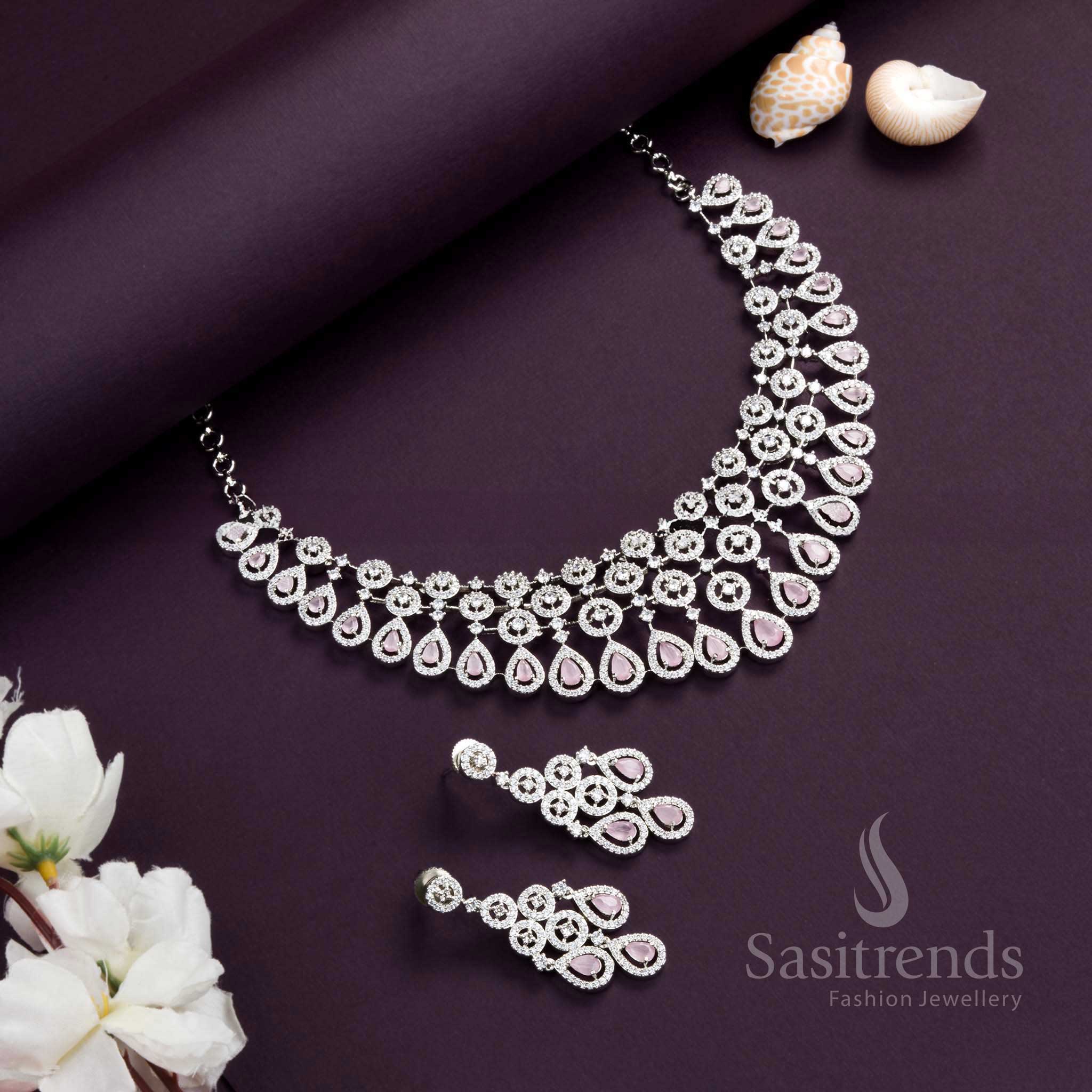 Dazzling Rhodium Silver Plated Choker Necklace Set with Pink American Diamond Stones – Embrace Pretty in Pink - Sasitrends