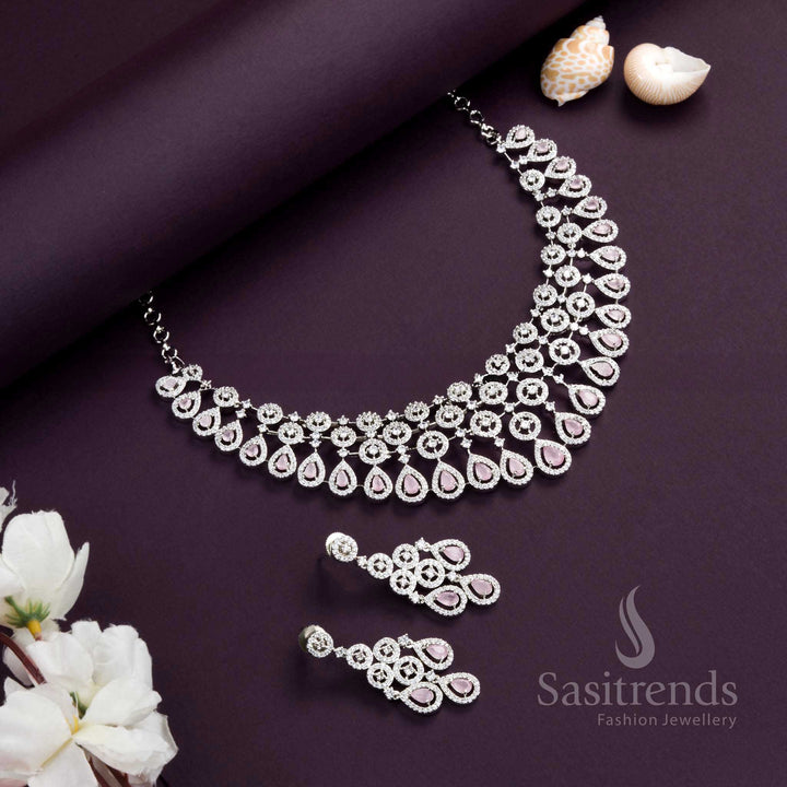 Dazzling Rhodium Silver Plated Choker Necklace Set with Pink American Diamond Stones – Embrace Pretty in Pink - Sasitrends