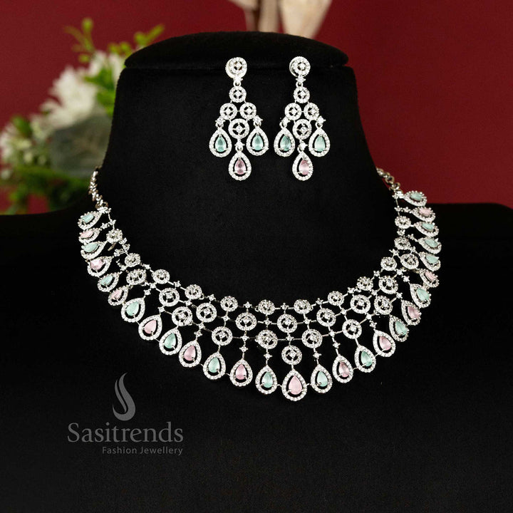 Stunning Rhodium Silver Plated Choker Jewellery Set with American Diamond Stones | Sasitrends - Sasitrends