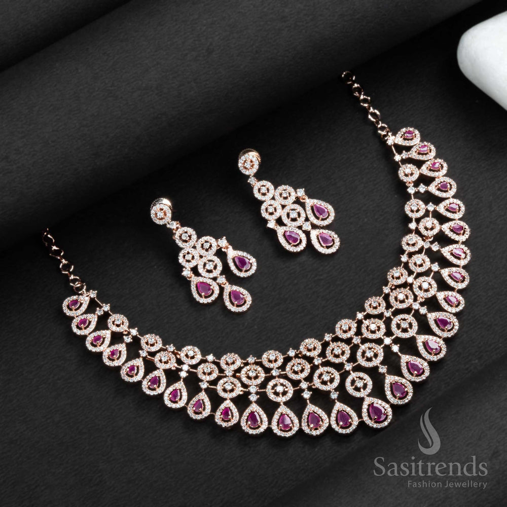 Stylish Rose Gold Plated Necklace Set with American Diamond Stones - Sasitrends