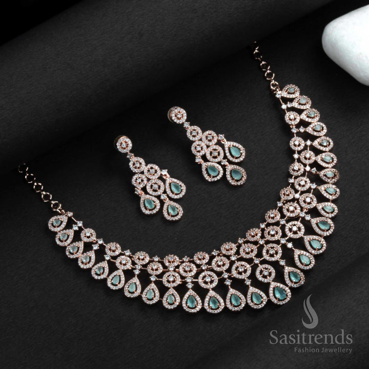 Stunning Rose Gold Plated Choker Necklace Set with American Diamond Stones - Sasitrends