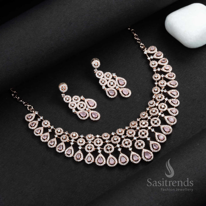 Latest Rose Gold Plated Pink American Diamond Stone Studded Necklace - Sasitrends