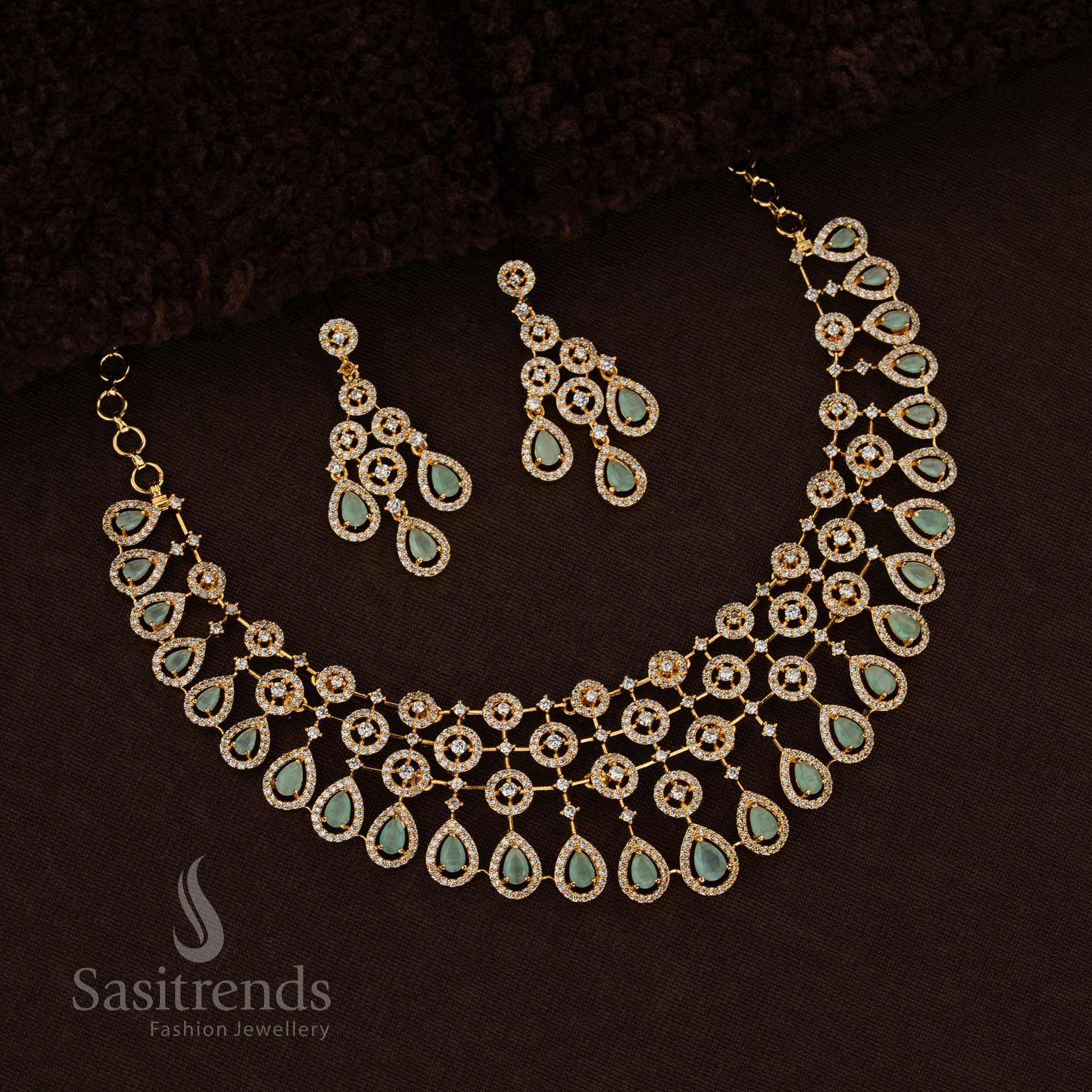 Charming Floral Teardrop Design American Diamond Choker Gold Plated Necklace Jewellery Set In Mint Green Shade With Sparkling Stones And Pearl Highlights For A Stylish Festive And Party Wear Look – Sasitrends