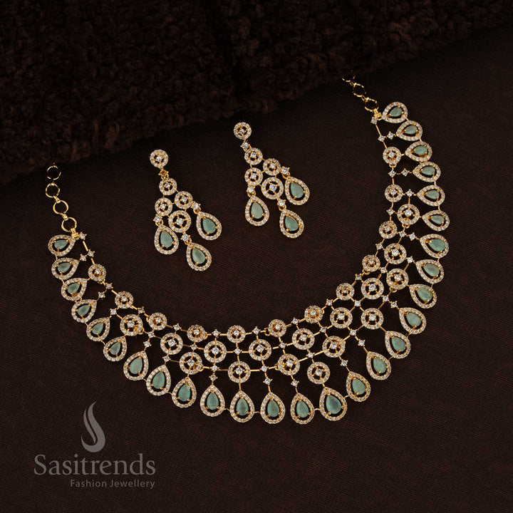 Charming Floral Teardrop Design American Diamond Choker Gold Plated Necklace Jewellery Set In Mint Green Shade With Sparkling Stones And Pearl Highlights For A Stylish Festive And Party Wear Look – Sasitrends
