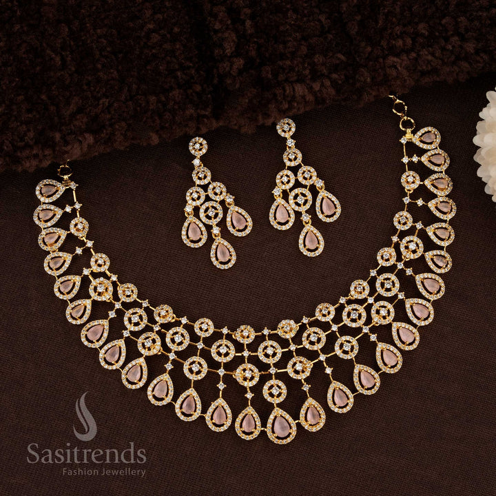 Graceful Gold Plated Choker Necklace Jewellery Set With American Diamonds And Floral Teardrop Accents In A Pastel Pink Tone For Elegant And Modern Traditional Looks – Sasitrends
