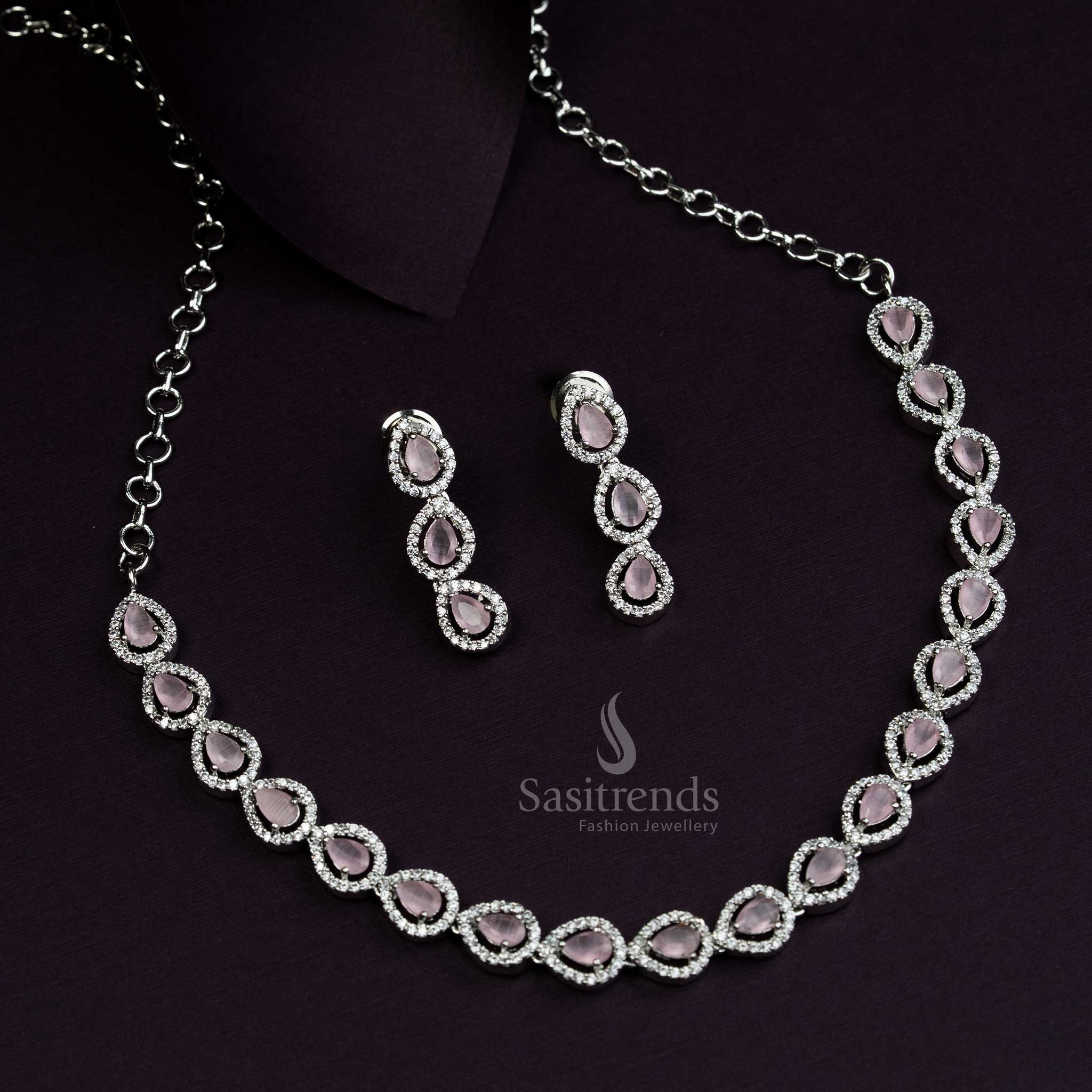 Delicate pink American Diamond jewellery set in Thilak pattern, rhodium silver plated with party wear elegance for charming contemporary women - Sasitrends