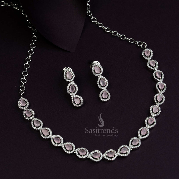 Delicate pink American Diamond jewellery set in Thilak pattern, rhodium silver plated with party wear elegance for charming contemporary women - Sasitrends