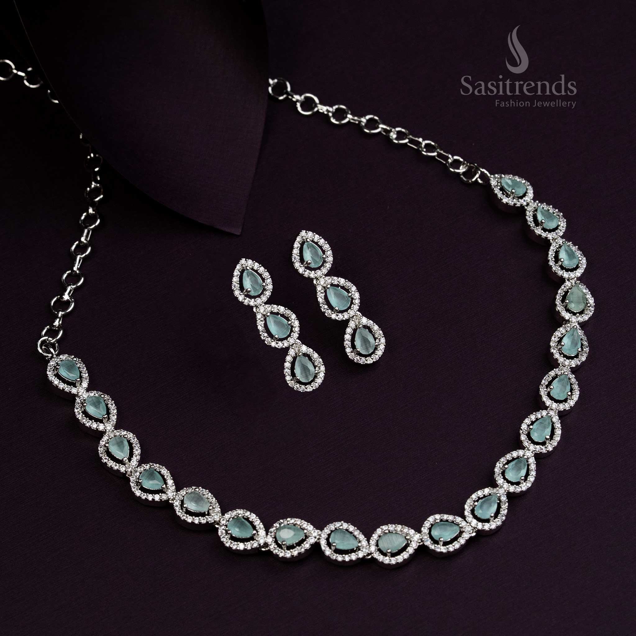 Refreshing mint American Diamond Thilak pattern jewellery set with rhodium silver plating, a modern fusion look crafted for versatile party wear - Sasitrends