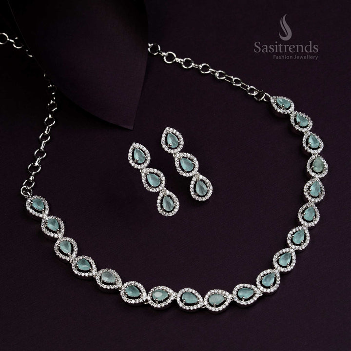 Refreshing mint American Diamond Thilak pattern jewellery set with rhodium silver plating, a modern fusion look crafted for versatile party wear - Sasitrends
