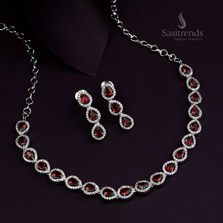 Elegant Thilak Pattern Party Wear Jewellery Set with Rhodium Silver Plated American Diamond Stones | Sasitrends