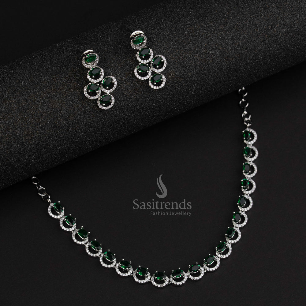 Floral green rhodium silver oval jewellery set embedded with sparkling American diamond stones for festive party style – Sasitrends