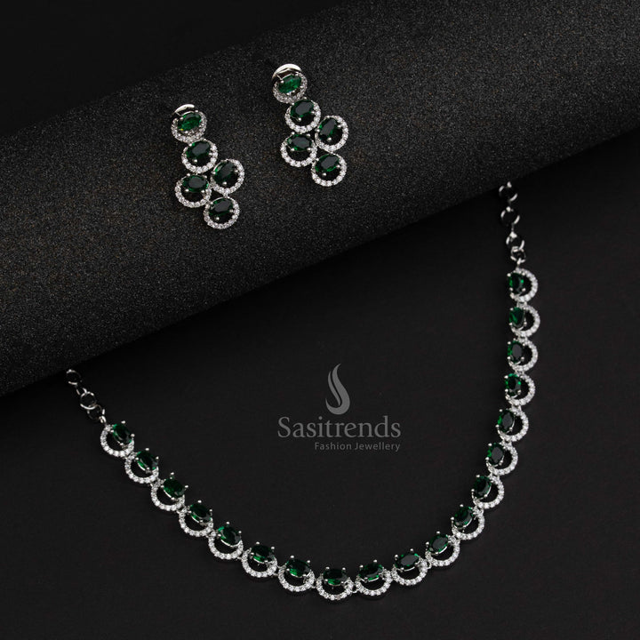 Floral green rhodium silver oval jewellery set embedded with sparkling American diamond stones for festive party style – Sasitrends