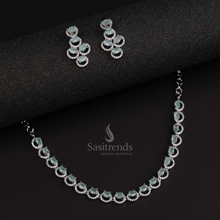 Mint green rhodium silver jewellery set with oval design and a fresh aesthetic, ideal for vibrant party wear – Sasitrends