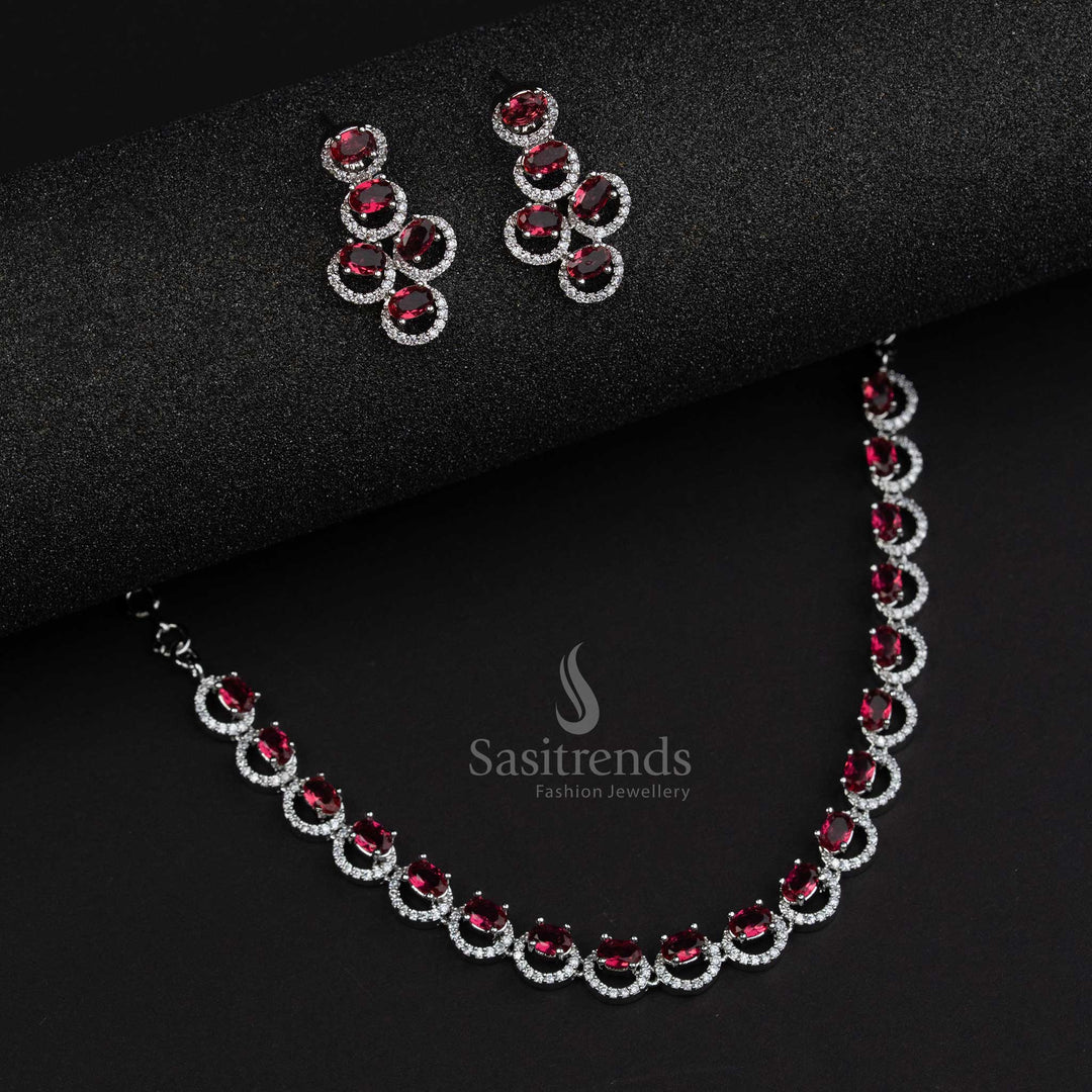 Vibrant red rhodium silver party jewellery set with oval American diamond stones, giving a bold ethnic glam look – Sasitrends