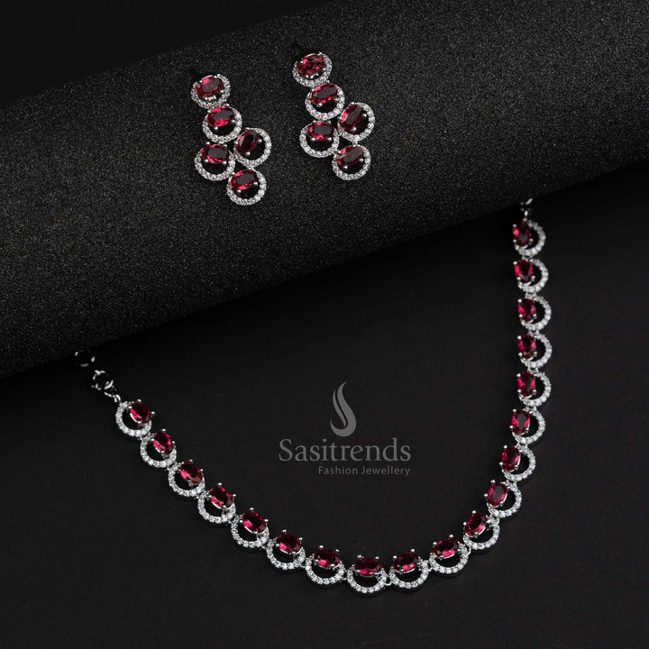 Gorgeous Rhodium Silver Plated Oval American Diamond Jewellery Set for Parties - Trendy Women Jewellery | Sasitrends