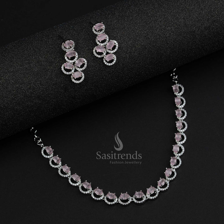 Pink rhodium silver jewellery set with oval American diamonds and a feminine touch, ideal for modern celebrations – Sasitrends